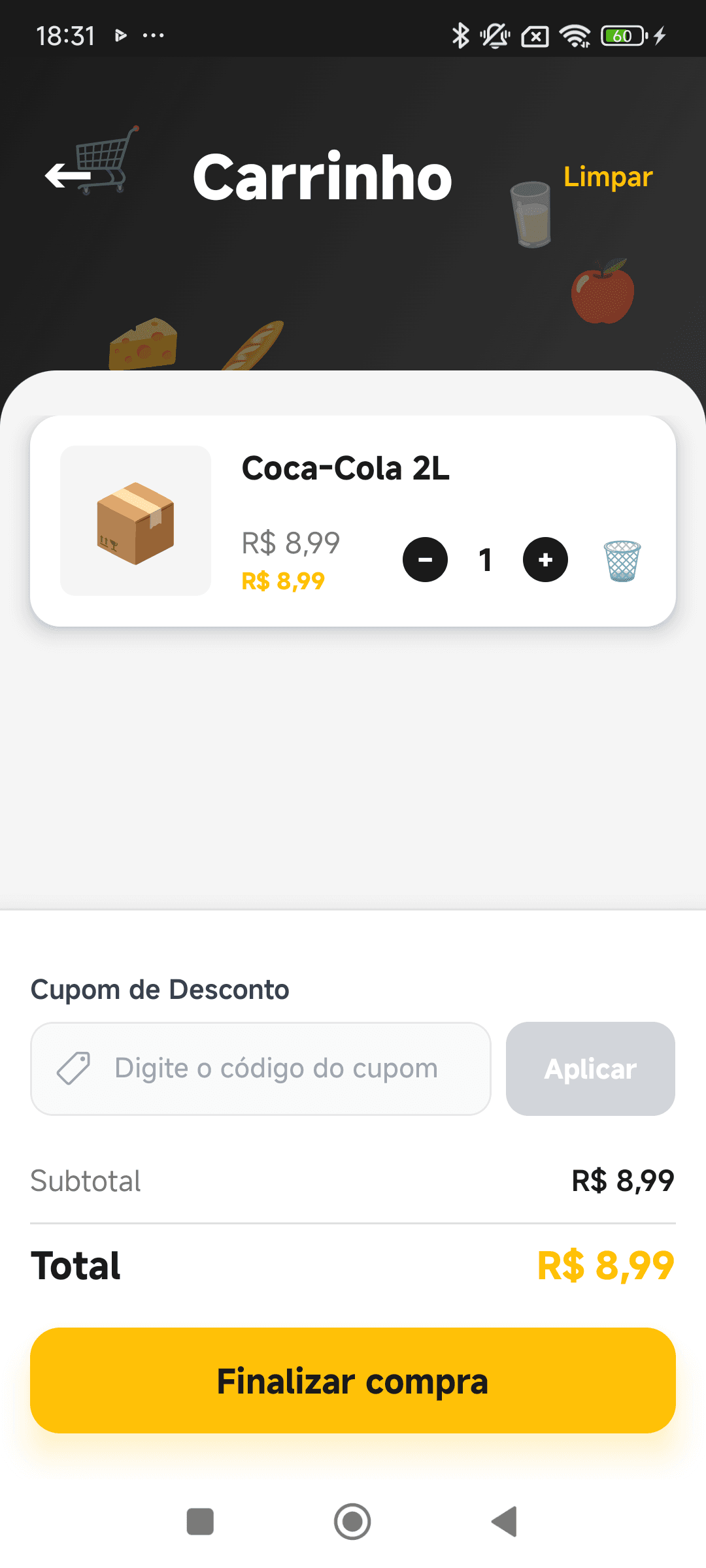 Carrinho de compras no app da Shopway