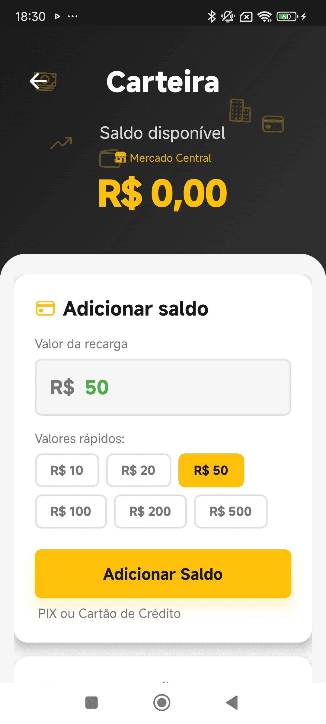 Carteira digital no app da Shopway