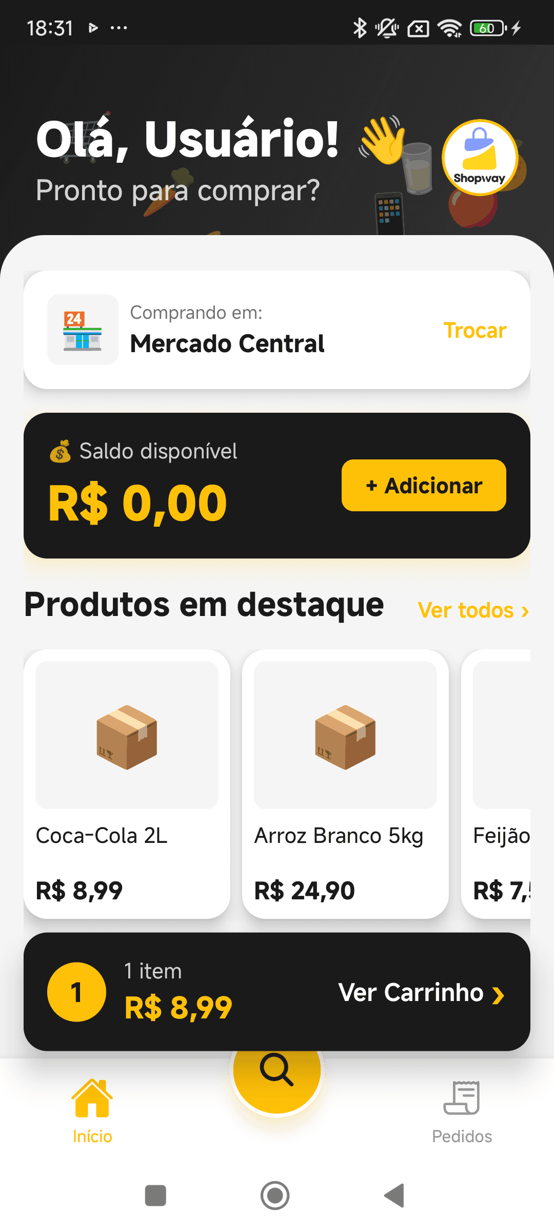 Tela inicial do app white-label da Shopway